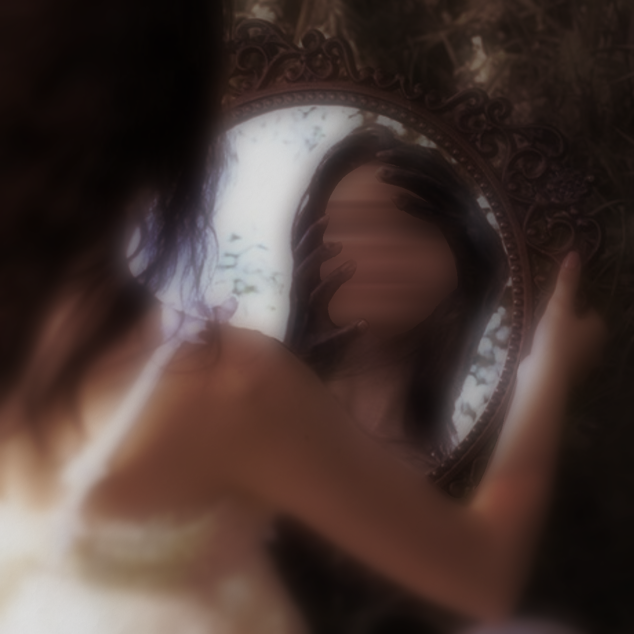 Distorted reflection in an old mirror