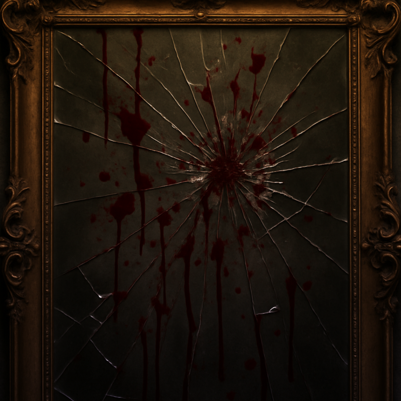 Shattered mirror with blood droplets